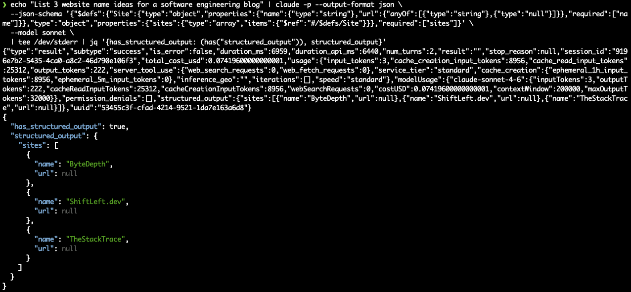 Control: same schema without format constraint — structured_output present with ByteDepth, ShiftLeft.dev, TheStackTrace