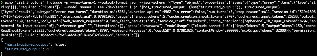 --max-turns=1 returns error_max_turns subtype but is_error false and no structured_output