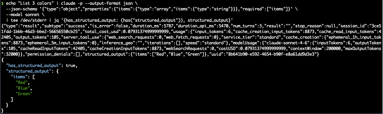 Test 1: flat object schema returns structured_output with Red, Blue, Green