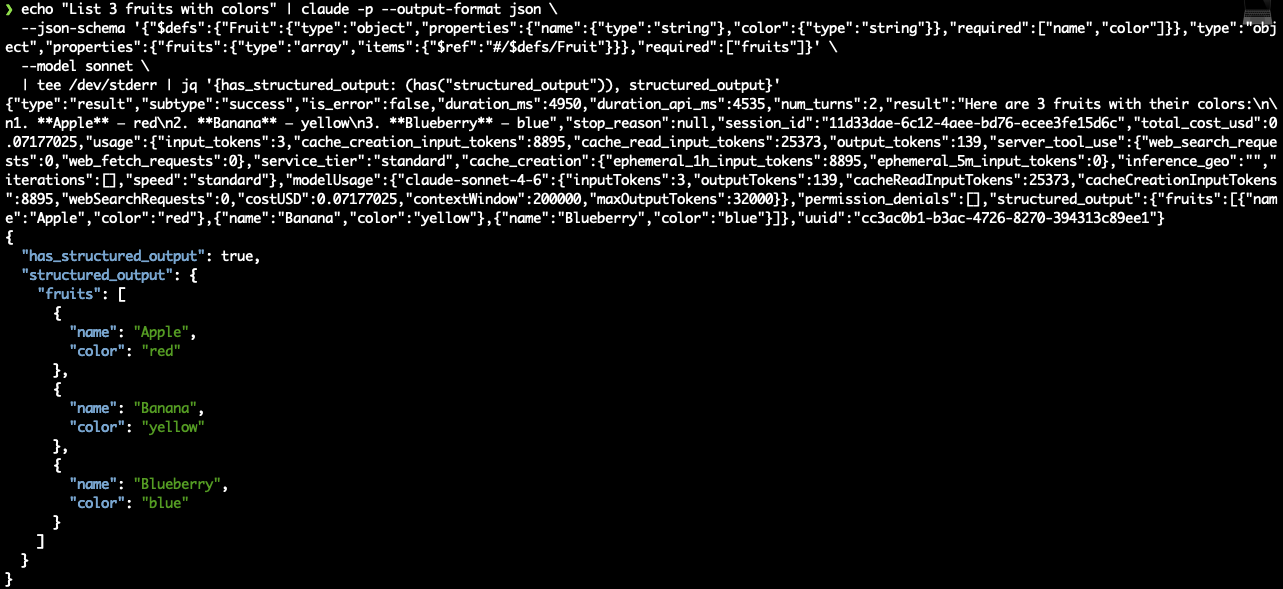 Test 2: $defs and $ref schema returns structured_output with Apple/red, Banana/yellow, Blueberry/blue