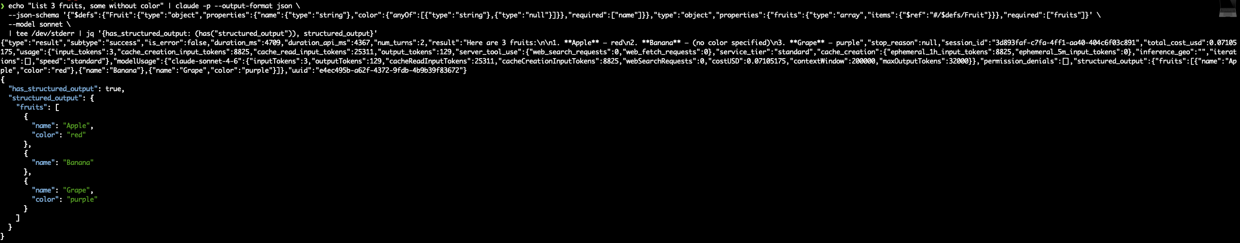 Test 4: anyOf nullable returns structured_output with Apple/red, Banana/null, Grape/purple