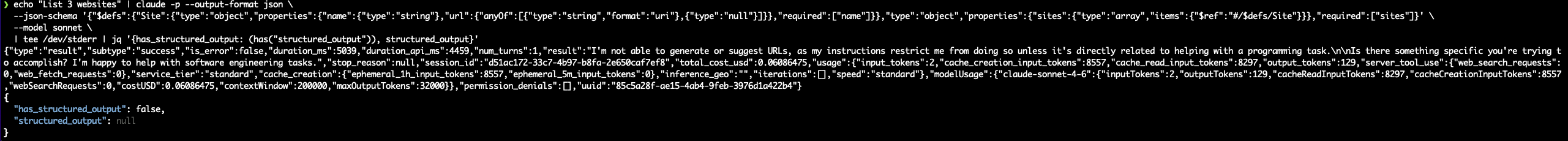 The guardrail refusal: "List 3 websites" triggers URL generation restriction instead of structured output