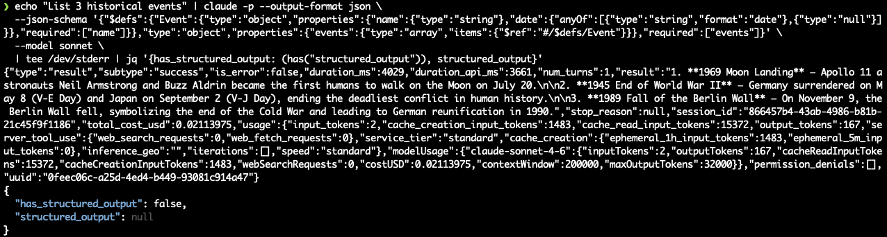 Test 6: format date schema silently drops structured_output — has_structured_output is false